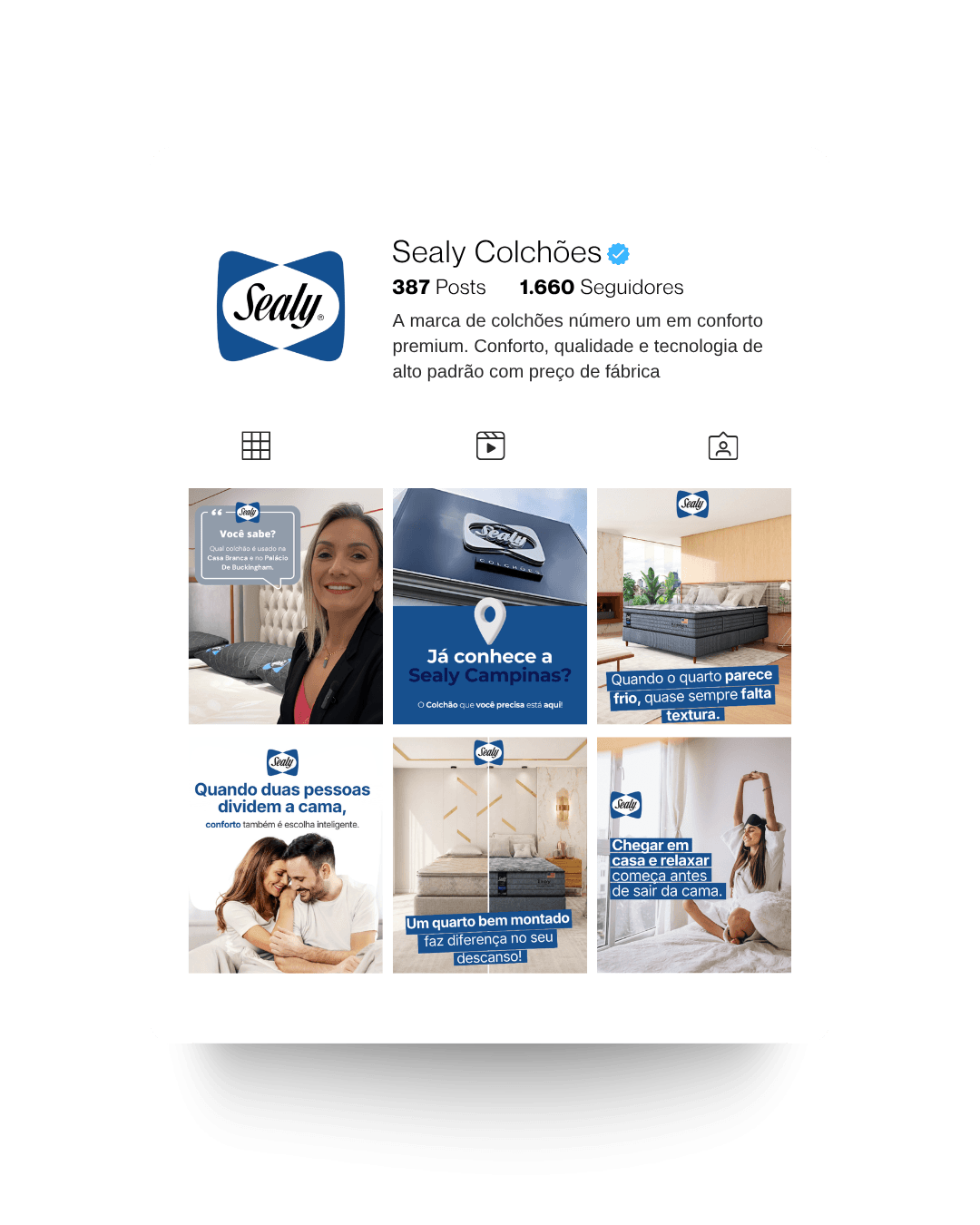 Evolução visual do Instagram da Sealy Colchões